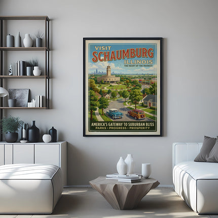 Visit Schaumburg Illinois poster with vintage illustration of Woodfield Mall.