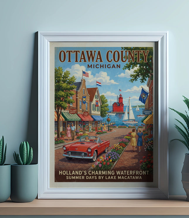 Ottawa County, Michigan vintage poster featuring Holland's Waterfront and Lake Macatawa.