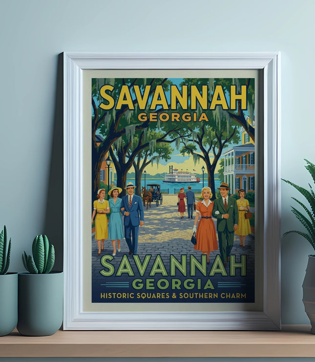Framed Savannah Georgia travel poster with people, paddleboat, and historic buildings.