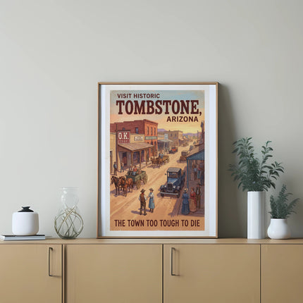 Vintage poster for Tombstone, Arizona, featuring a Western town scene with old vehicles and people.