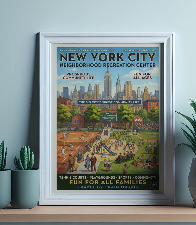 New York City Neighborhood Recreation Center vintage poster with skyline and park activities.