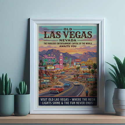 Vintage poster of Old Las Vegas, Nevada with casinos, cars and neon lights.