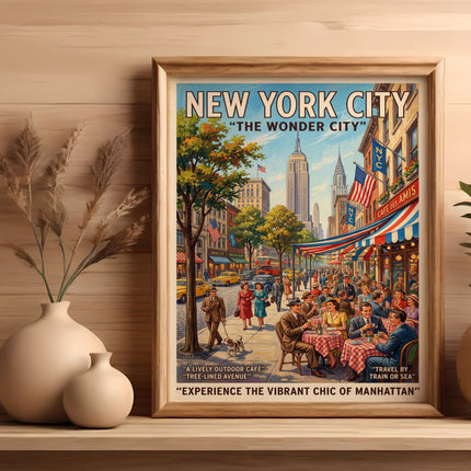 Vintage New York City poster with street scene and cafe, framed.