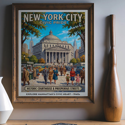 New York City Civic Pride poster: historic courthouse and 1940s street scene.