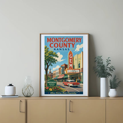 Vintage Montgomery County, Kansas travel poster with retro car and "The Gem" theater.