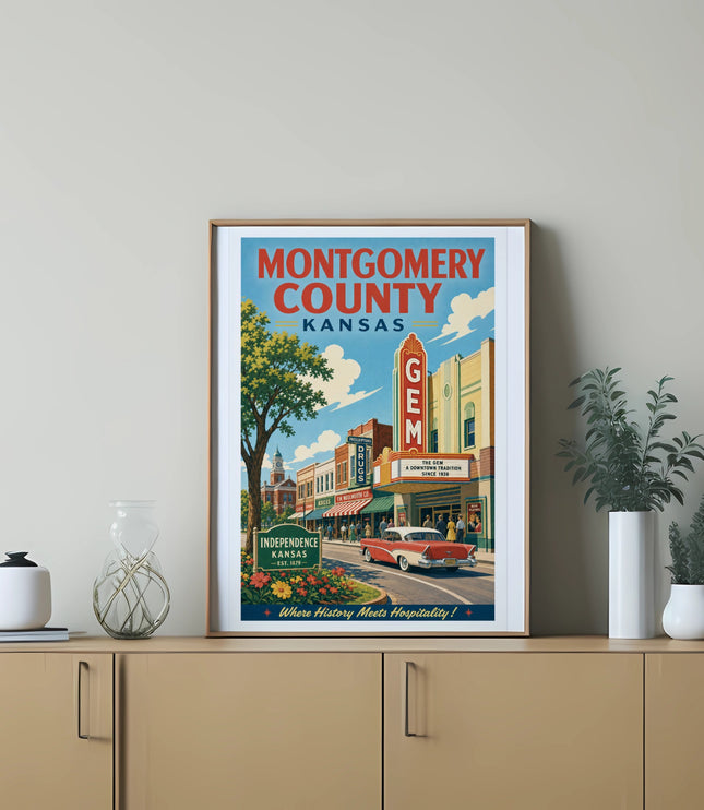 Vintage Montgomery County, Kansas travel poster with retro car and "The Gem" theater.