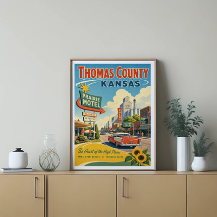 Vintage Thomas County, Kansas motel travel poster featuring a red car.