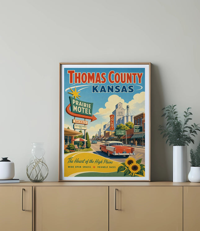 Vintage Thomas County, Kansas motel travel poster featuring a red car.