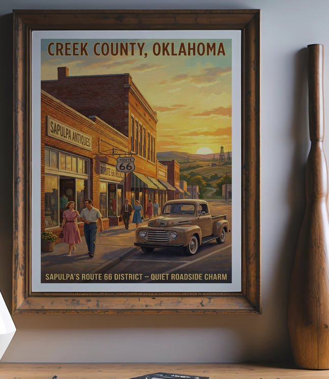 Creek County, Oklahoma Route 66 district vintage art with trucks and shops.