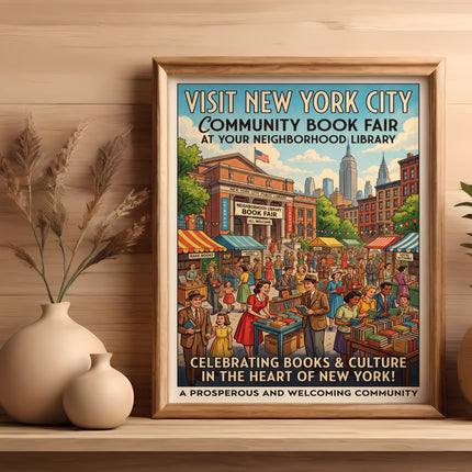 New York City Community Book Fair poster with library, vendors, and crowds.