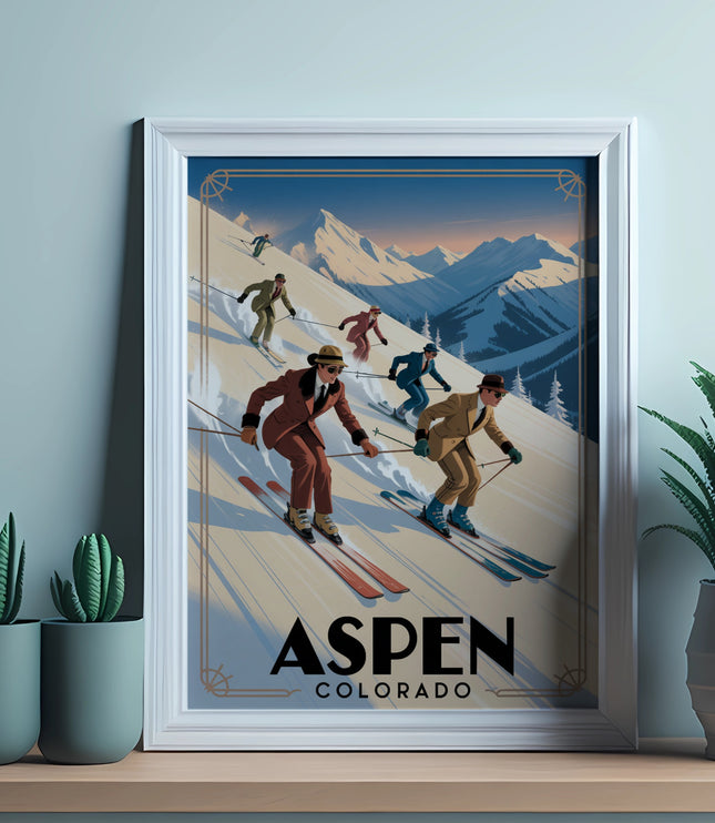 Vintage ski poster depicting skiers in Aspen, Colorado with mountains in background.