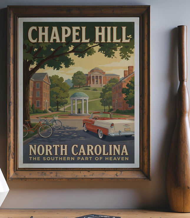 Chapel Hill, North Carolina vintage travel poster with iconic buildings and cars.