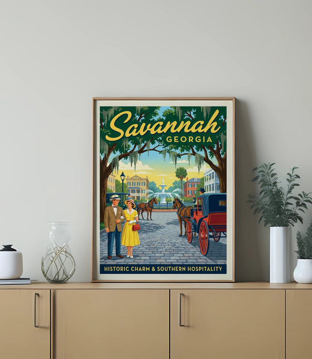Savannah Georgia vintage travel poster with couple, carriage, and fountain.
