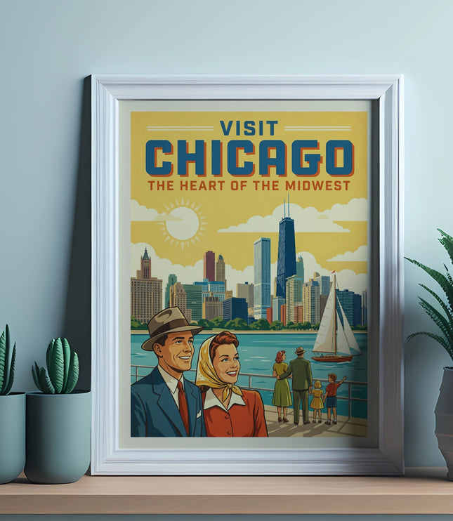Vintage poster with "Visit Chicago, The Heart of the Midwest" and a cityscape.