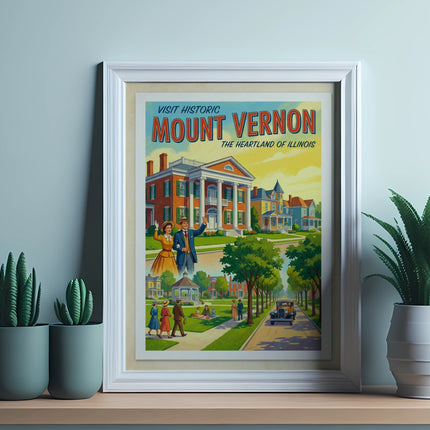 Framed print of Mount Vernon, Illinois, featuring historic buildings and people.