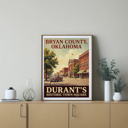 Poster of Bryan County, Oklahoma historic town square with a red truck.