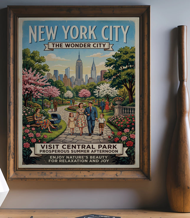 New York City poster featuring Central Park with a family, text "Visit Central Park".