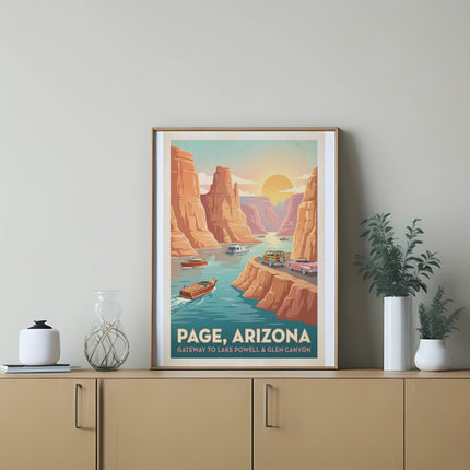 Vintage travel poster of Page, Arizona, featuring boats on a canyon lake and the text "Page, Arizona Gateway to Lake Powell & Glen Canyon."