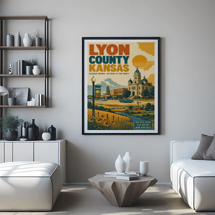 Lyon County Kansas Emporia poster with buildings, fields, and text.