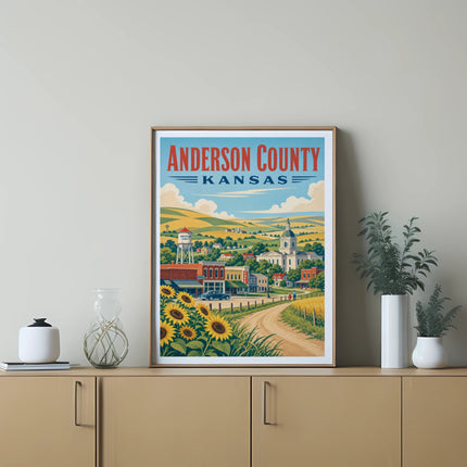 Illustration of Anderson County, Kansas, featuring sunflowers and a small town.