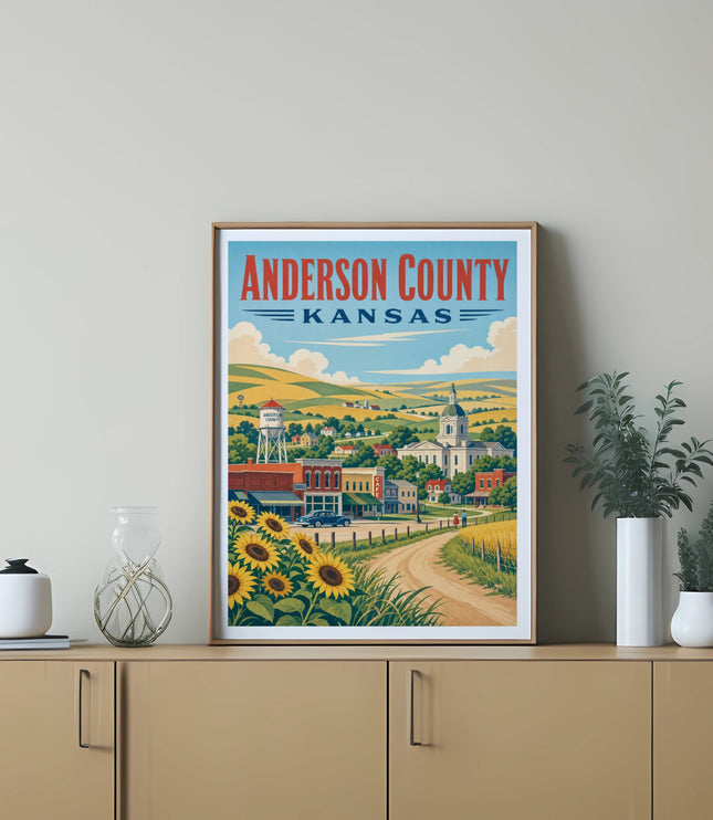 Illustration of Anderson County, Kansas, featuring sunflowers and a small town.
