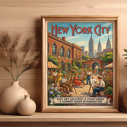 New York City art print showing courtyard scene with text.