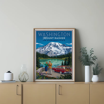 Vintage Mount Rainier travel poster with couple and classic car.