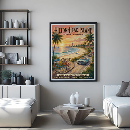 Hilton Head Island South Carolina vintage travel poster with beach scene, palm trees, and text.