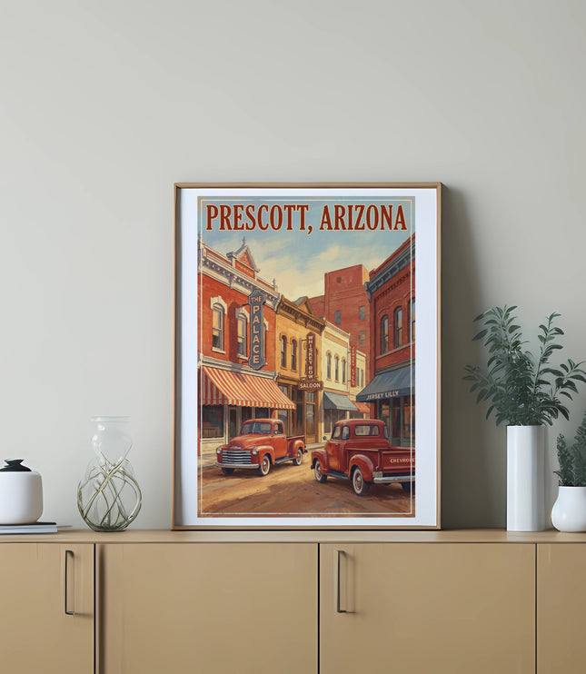 Prescott, Arizona vintage poster with red trucks and historic buildings.