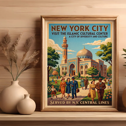 New York City Islamic Cultural Center vintage travel poster on wooden shelf.