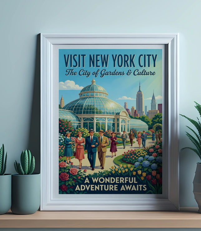Vintage poster with text "Visit New York City, The City of Gardens & Culture, A Wonderful Adventure Awaits."