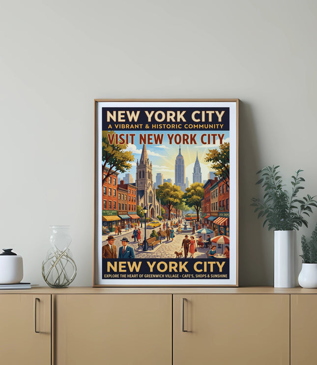 New York City poster depicts Greenwich Village with buildings, people, and text.