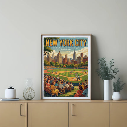 Vintage "New York City" poster depicting a baseball game at a stadium, circa 1947.