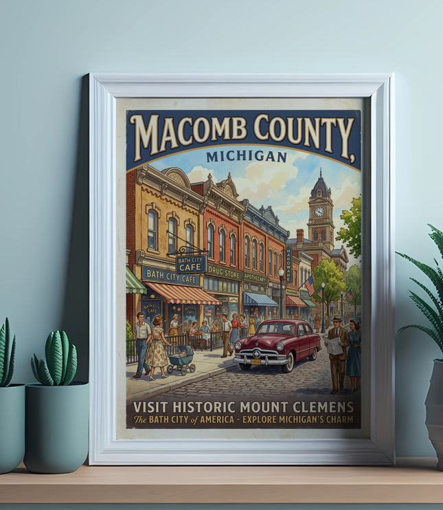 Vintage poster of Macomb County, Michigan, showing historic street scene with people and a car.