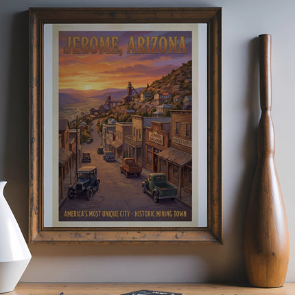 Jerome, Arizona vintage travel poster featuring a historic mining town street scene.