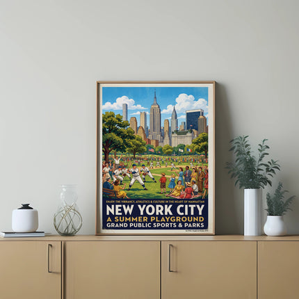 New York City summer playground poster featuring baseball players and city skyline.