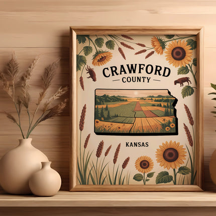 Framed artwork of Crawford County, Kansas, featuring sunflowers and farmland.