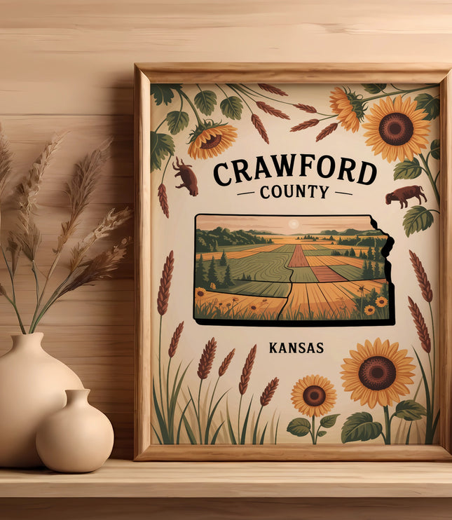 Framed artwork of Crawford County, Kansas, featuring sunflowers and farmland.