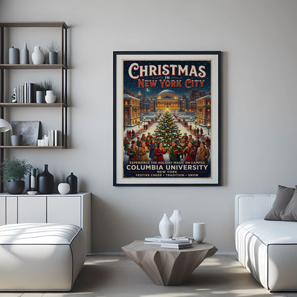 Christmas in New York City poster for Columbia University, featuring holiday scene.