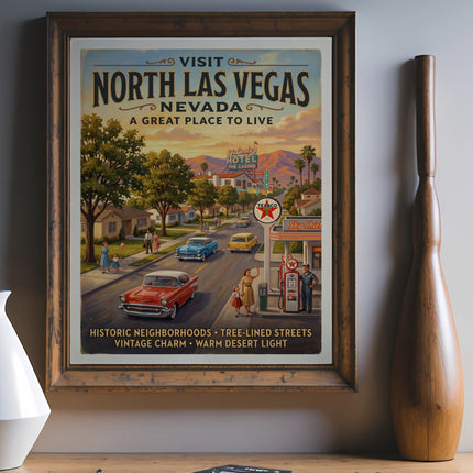 Vintage poster for North Las Vegas, Nevada, depicting a street scene with cars and buildings.