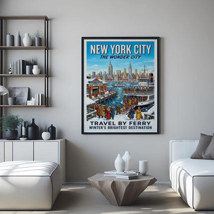 New York City "The Wonder City" travel by ferry vintage poster.