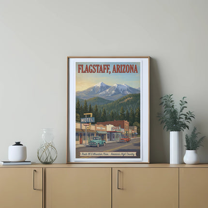 Flagstaff, Arizona travel poster with mountains, motel, cafe, and Route 66 imagery.