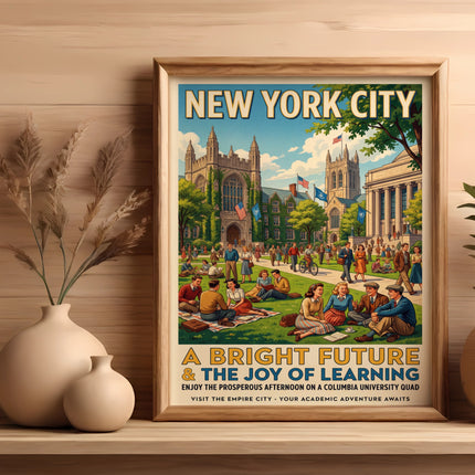 New York City poster: Columbia University quad, people enjoying a bright afternoon.