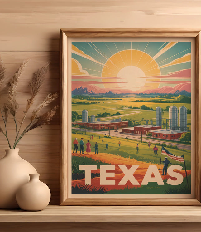 Framed Texas landscape art featuring silos, buildings, people, and a sunrise.