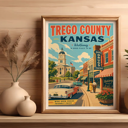 Vintage Trego County, Kansas travel poster with downtown street scene and "WaKeeney" text.