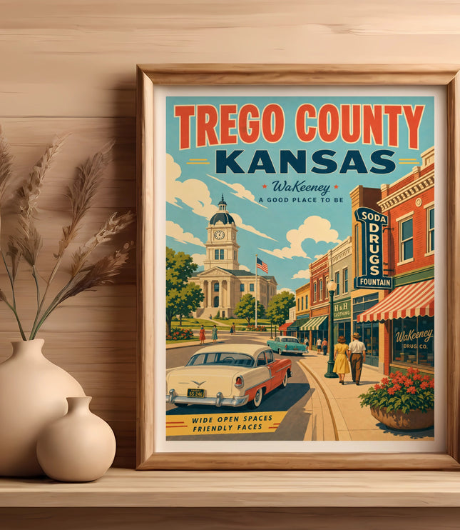 Vintage Trego County, Kansas travel poster with downtown street scene and "WaKeeney" text.