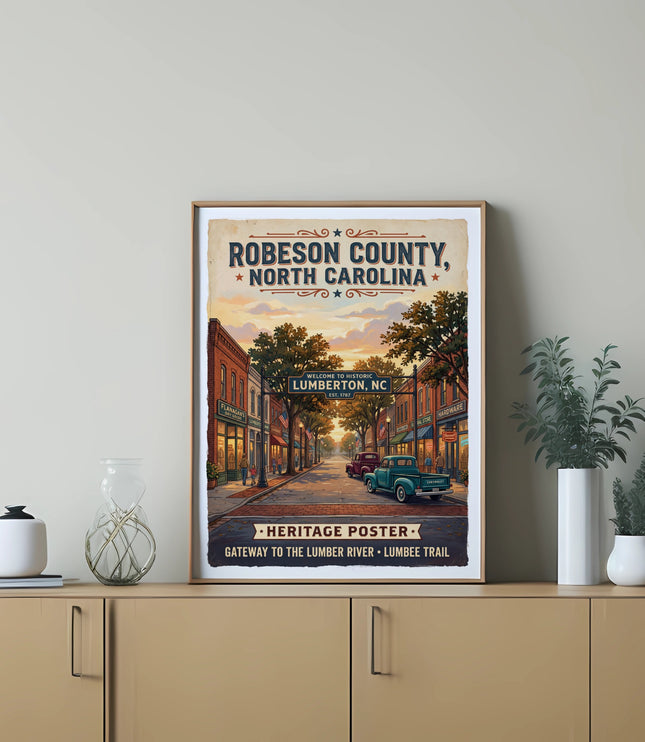 Robeson County, North Carolina heritage poster featuring Lumberton downtown with vintage trucks.