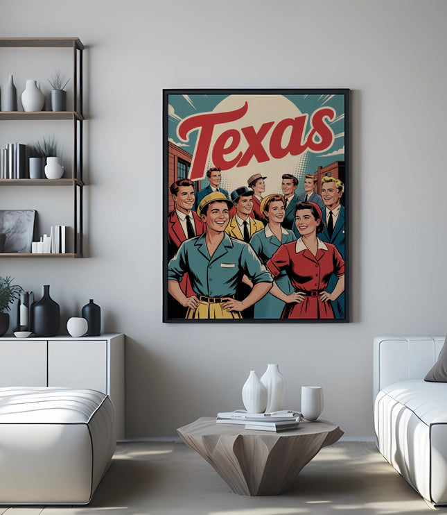 Retro-style comic illustration of people with the word "Texas" in large red text.