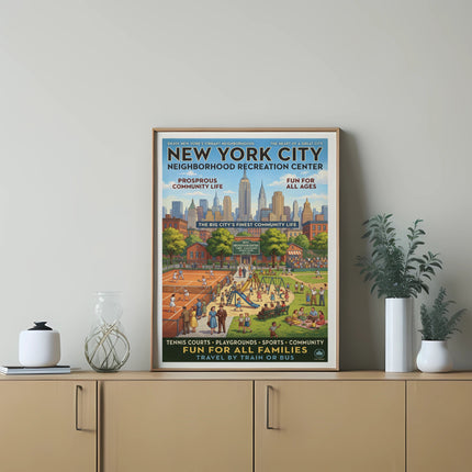 New York City Recreation Center poster with illustrations of activities and text.