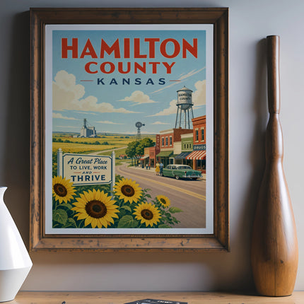 Vintage Hamilton County Kansas travel poster with sunflowers and classic car.